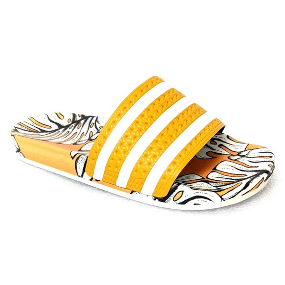 Adidas Adilette Slide Sandals 6 White Golden Yellow Tropical Palm Leaf Monstera - Picture 1 of 8